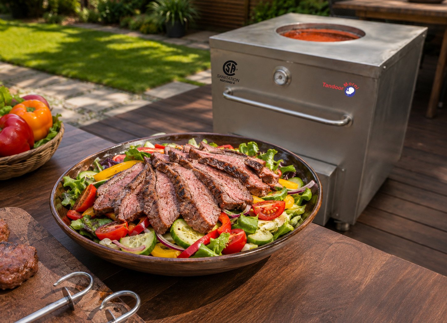 Tandoori BBQ rainbow beef salad recipe with charred sliced beef over colorful vegetables