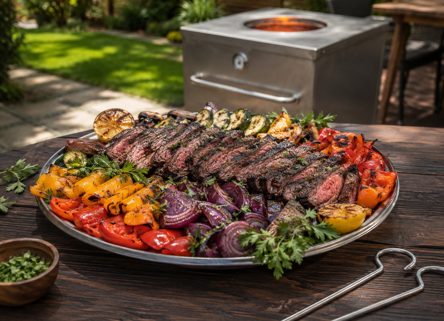 Tandoori BBQ rainbow beef salad recipe Step 7: finished salad with sliced beef over vegetables