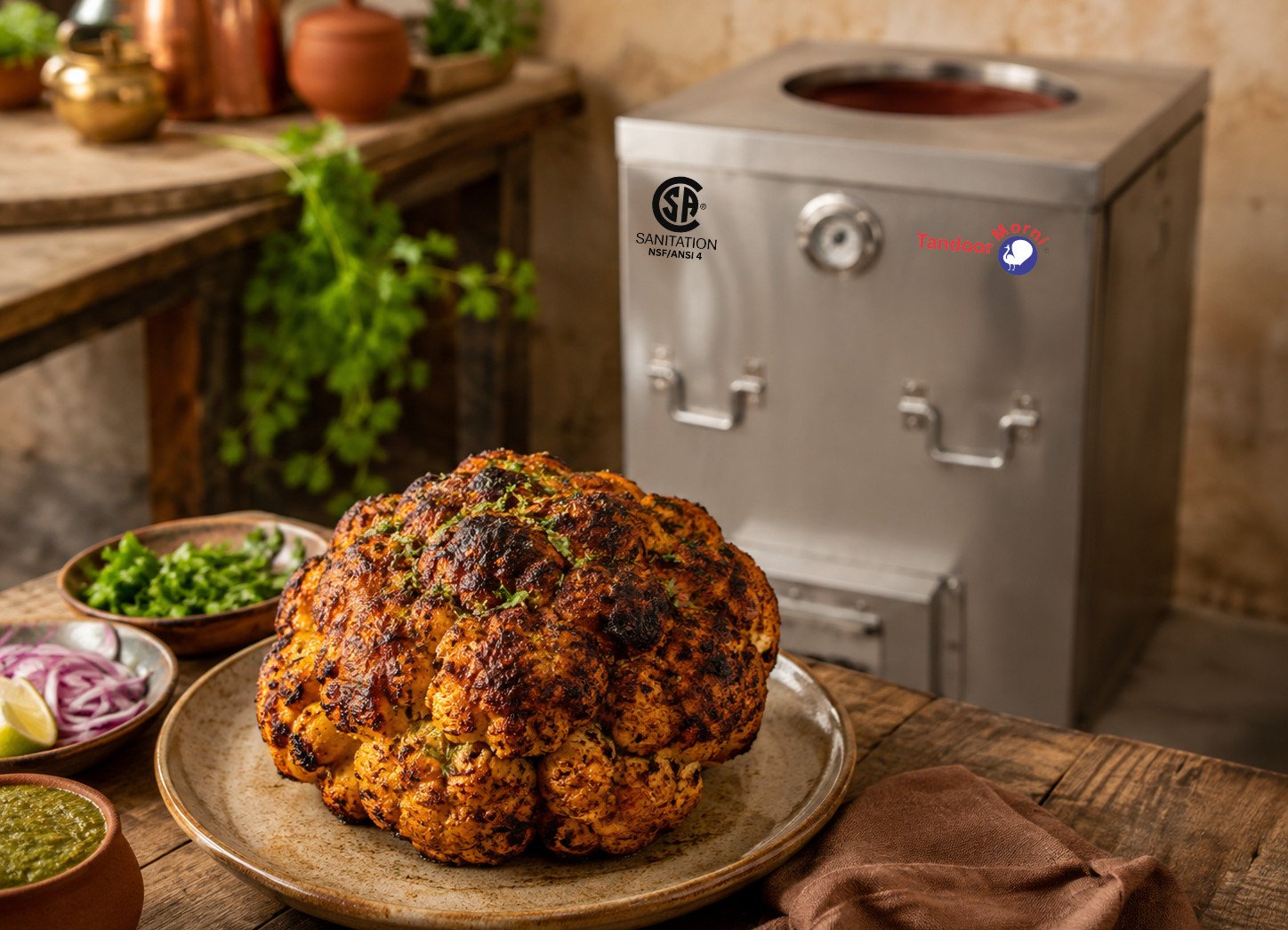 Tandoori cauliflower recipe Step 7: finished whole roasted cauliflower plated with lemon wedges