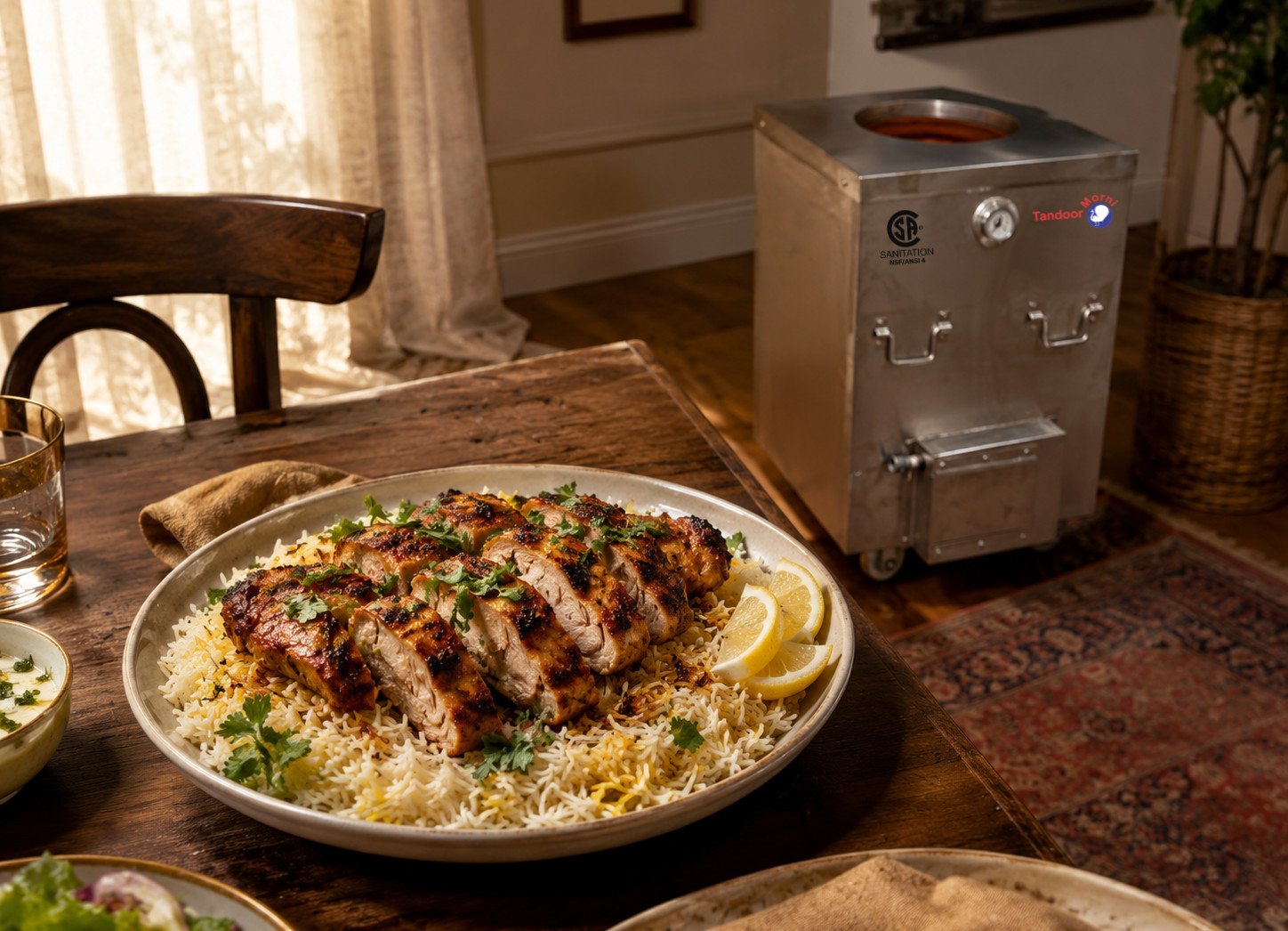 Tandoori chicken basmati rice bowl with charred chicken over fluffy rice and herbs