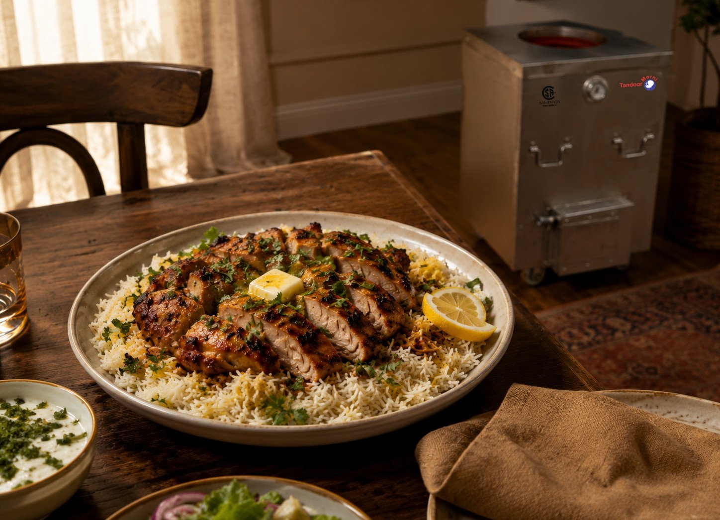 Tandoori chicken basmati rice recipe Step 7: finished bowl with sliced chicken over rice and herbs