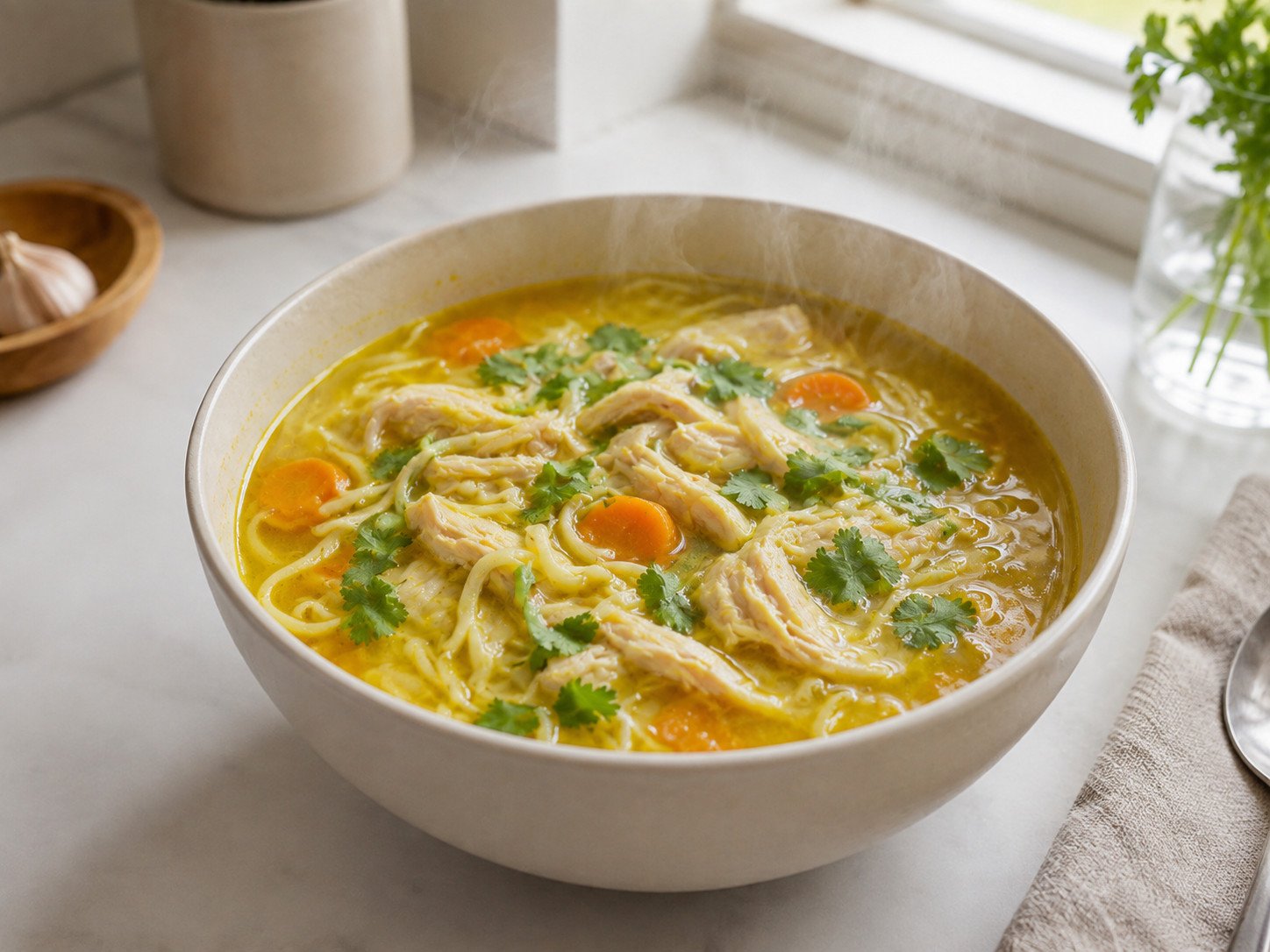 Tandoori chicken noodle soup with golden turmeric broth, noodles, and shredded chicken