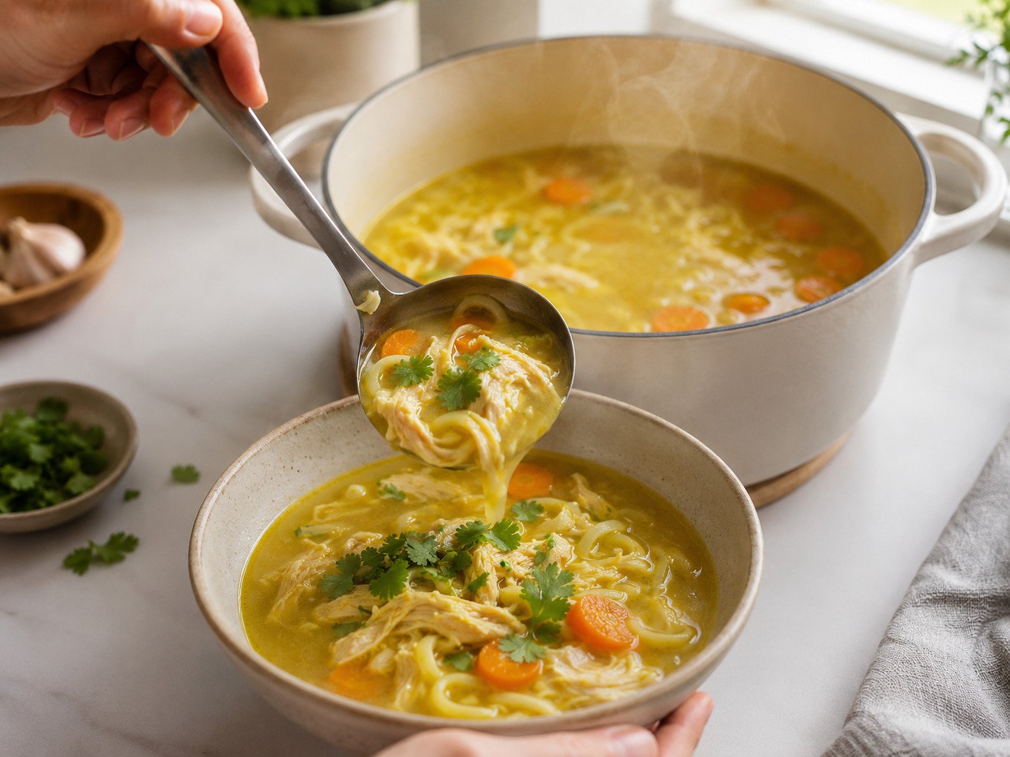 Tandoori chicken noodle soup recipe Step 6: finished soup ladled into a bowl, garnished with coriander