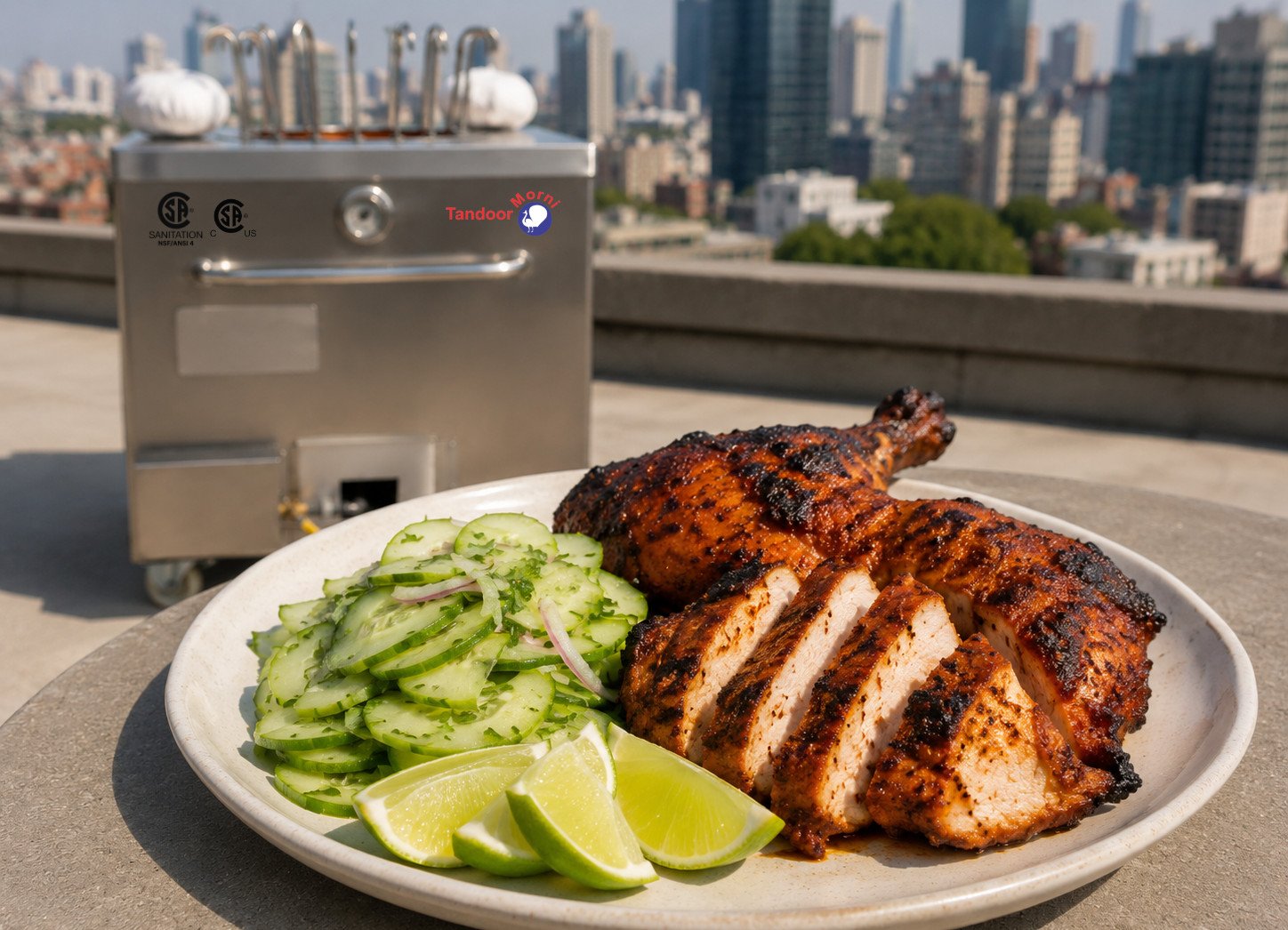 Tandoori chicken pickled cucumber recipe with charred chicken alongside bright quick-pickled cucumber