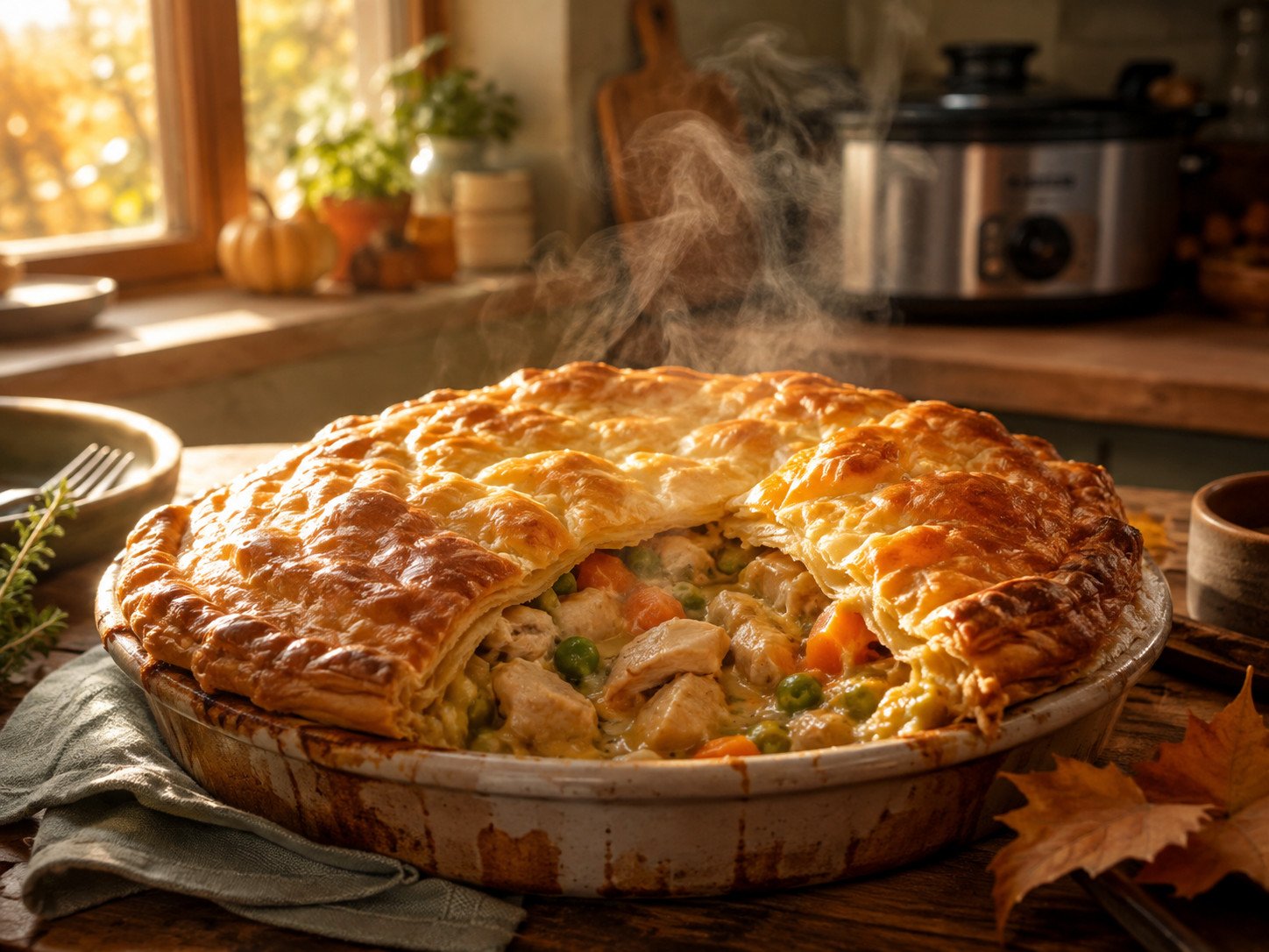 Tandoori chicken pot pie with golden puff pastry lid, filling visible where sliced