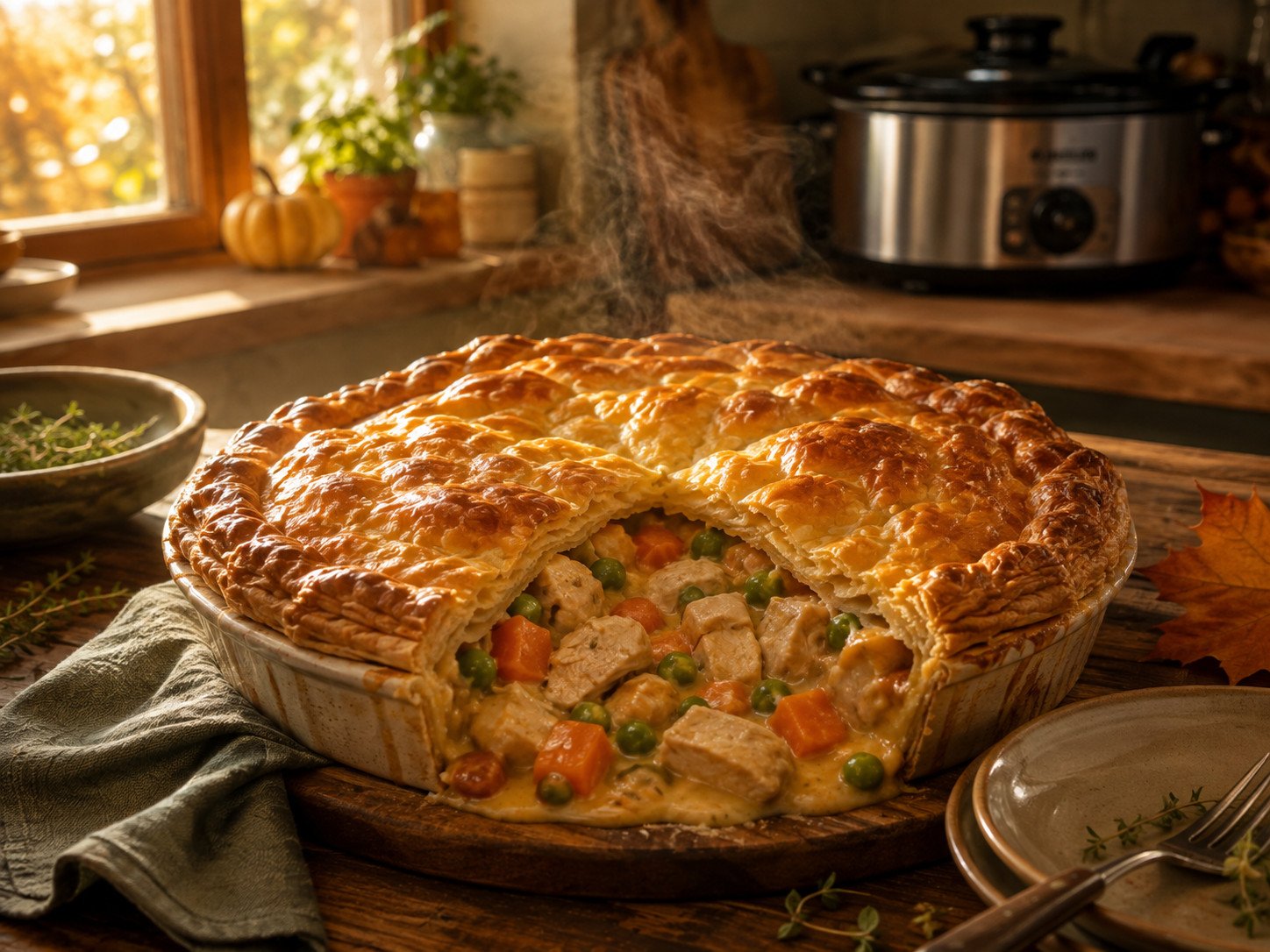 Tandoori chicken pot pie recipe Step 7: finished pot pie sliced, filling visible