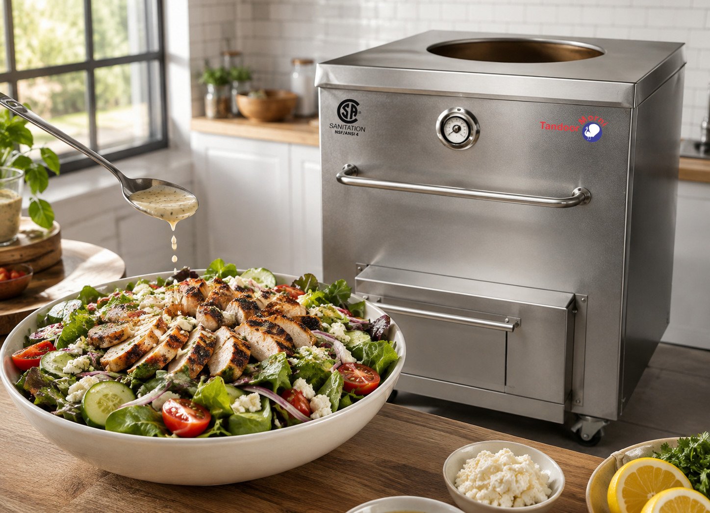 Tandoori chicken salad recipe with charred sliced chicken over greens, plated in a wide bowl