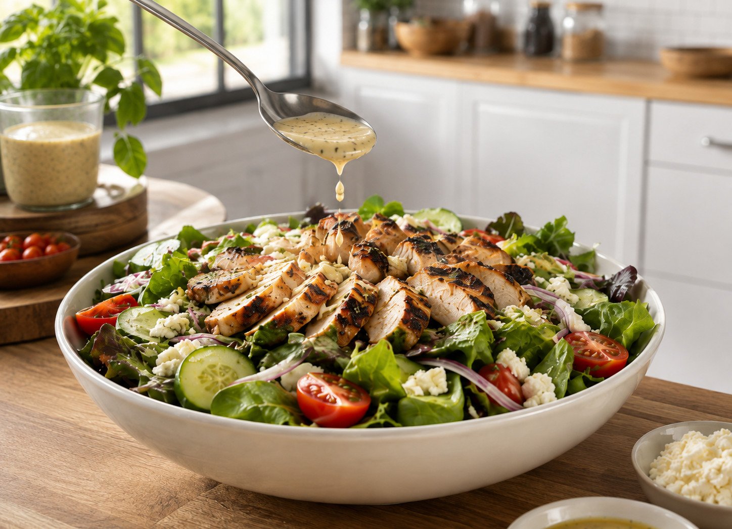 Tandoori chicken salad recipe Step 7: finished salad with sliced chicken over greens