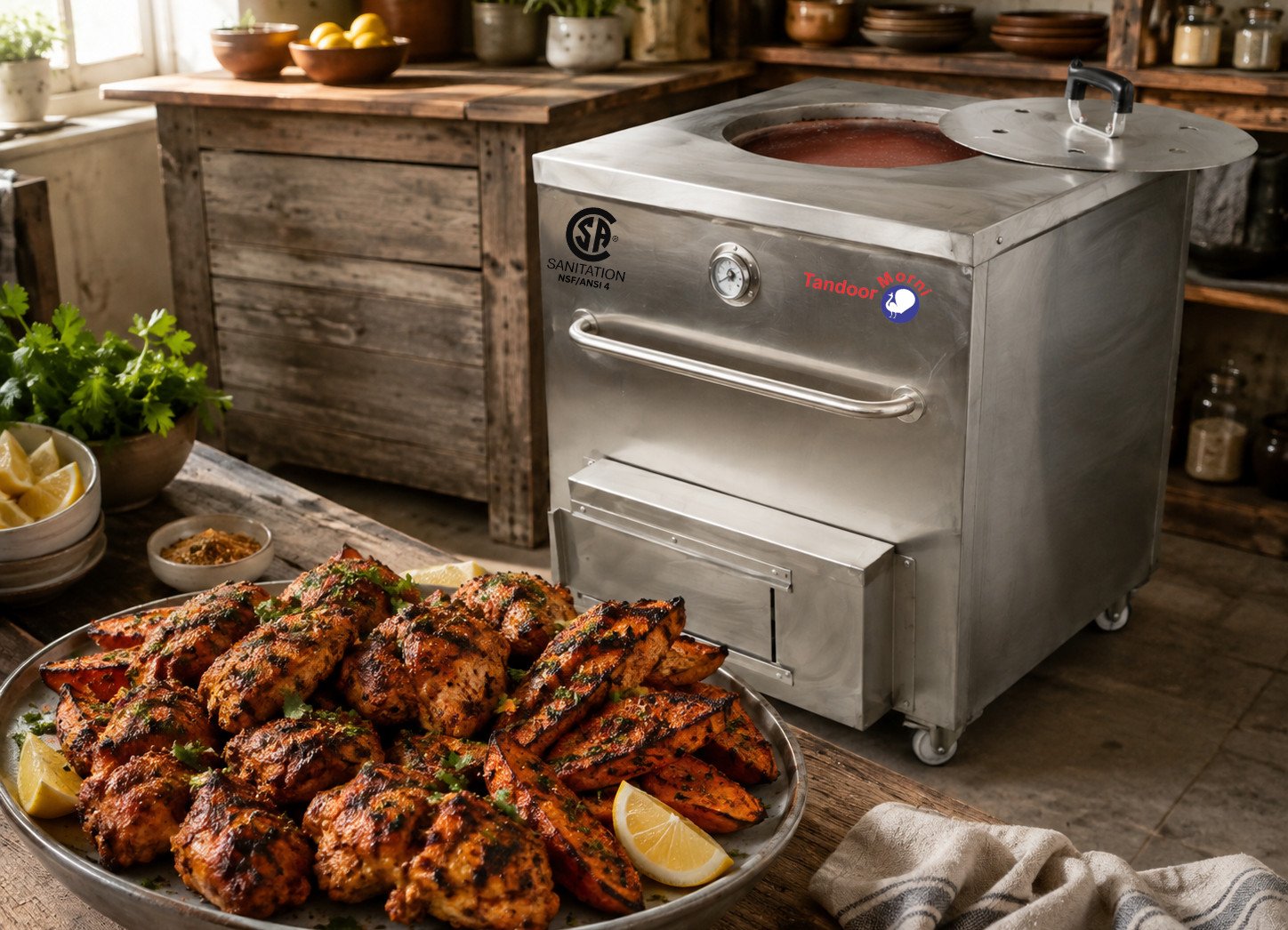 Tandoori chicken sweet potato recipe with charred chicken and glazed sweet potato wedges