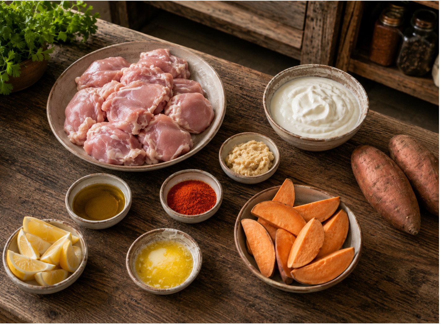 Tandoori chicken sweet potato recipe ingredients flat lay: chicken thigh, sweet potato wedges, and yogurt marinade