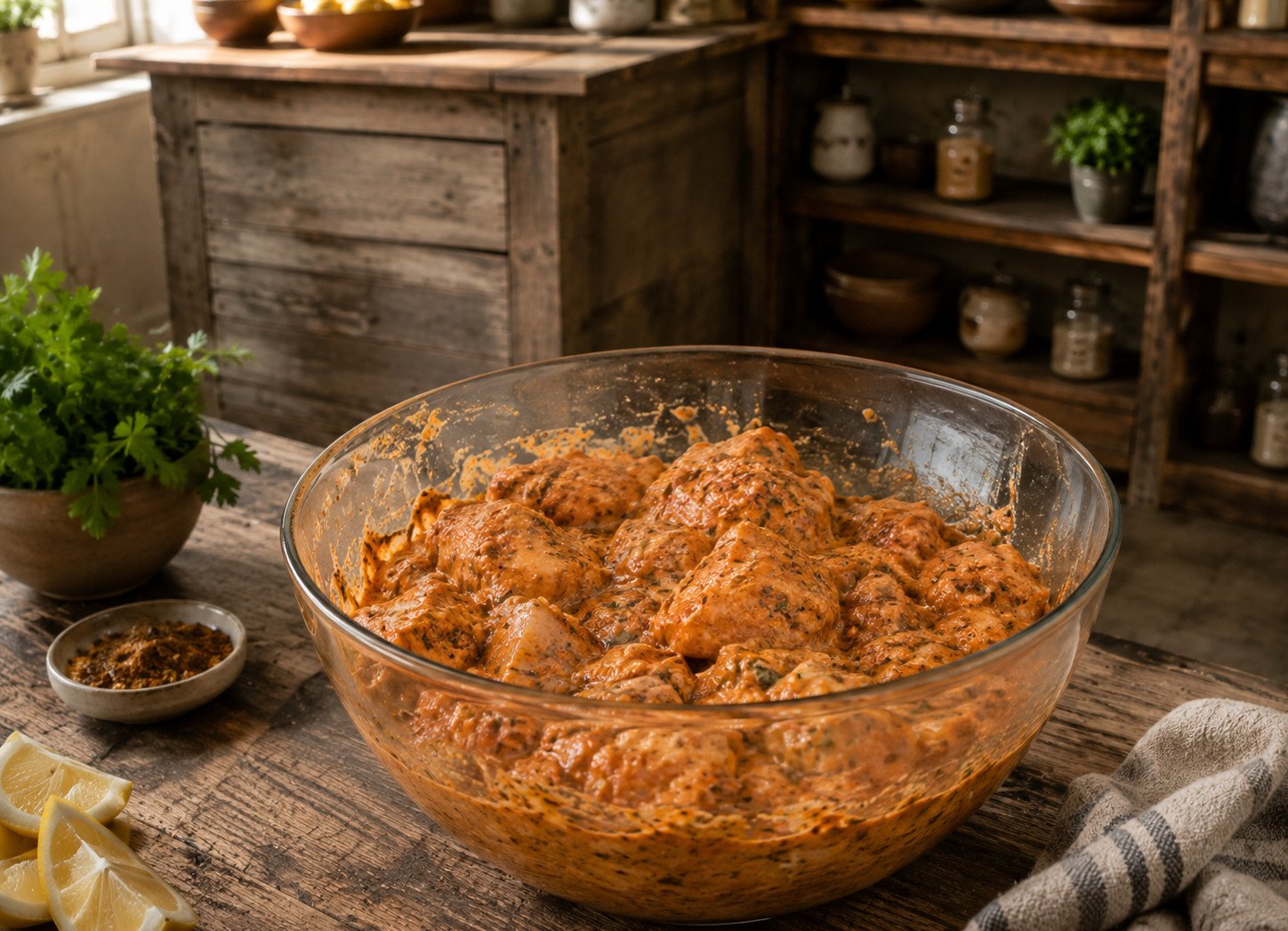 Tandoori chicken sweet potato recipe Step 1: chicken pieces coated in spiced yogurt marinade