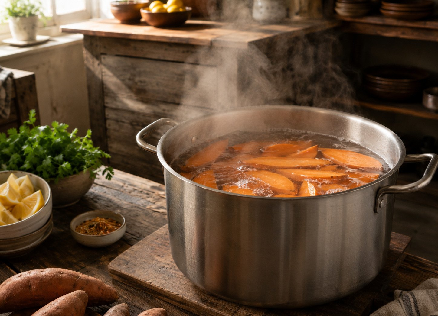 Tandoori chicken sweet potato recipe Step 2: sweet potato wedges parboiling in a pot of salted water