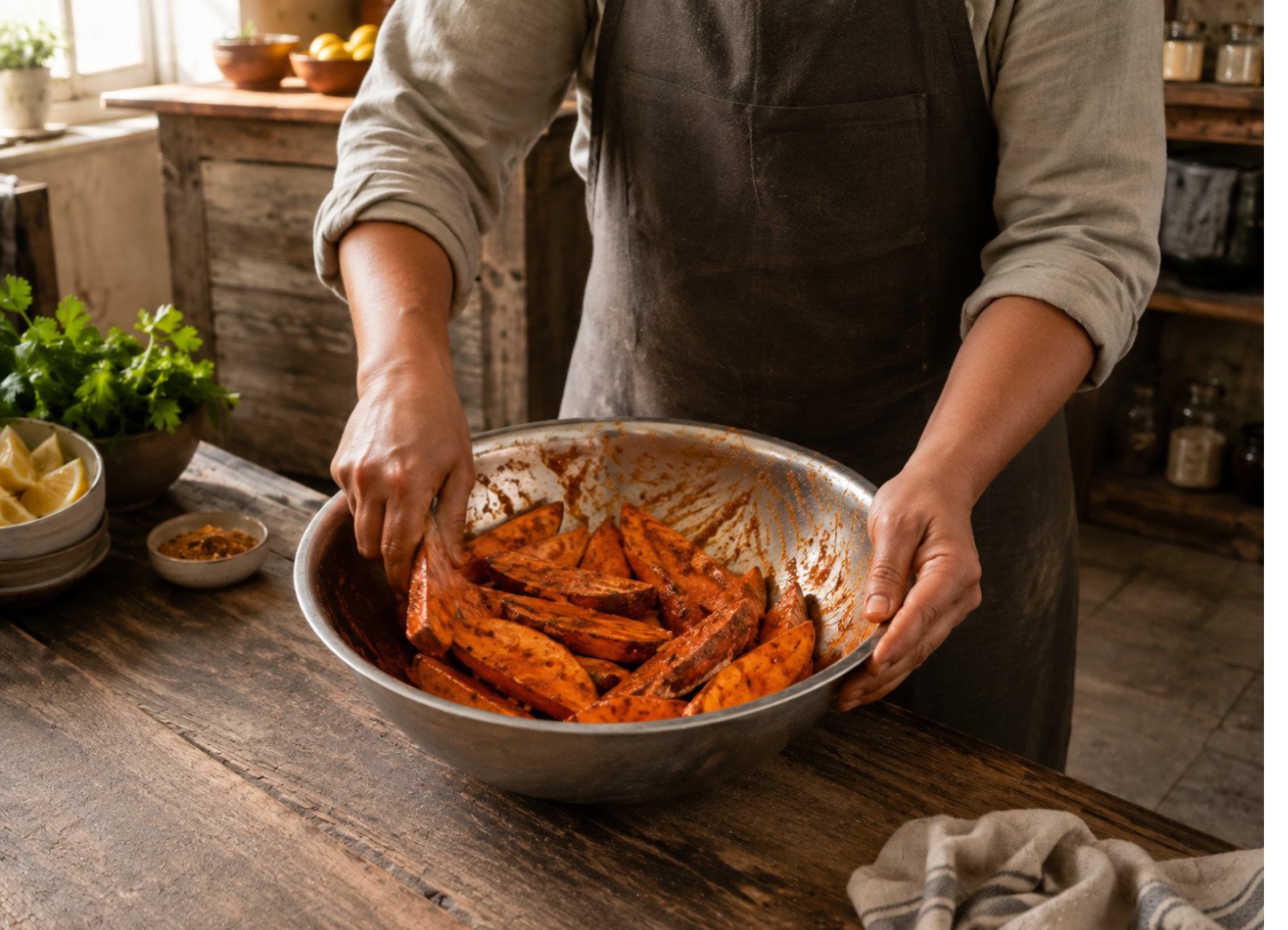 Tandoori chicken sweet potato recipe Step 3: parboiled sweet potato wedges being coated in marinade