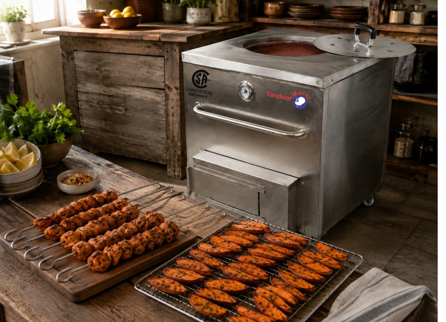 Tandoori chicken sweet potato recipe Step 4: chicken on skewers and sweet potato wedges arranged on a rack
