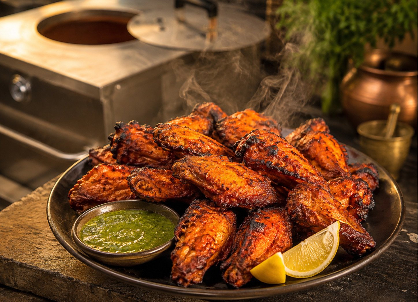 Tandoori chicken wings recipe charred and glossy, plated with lemon wedges