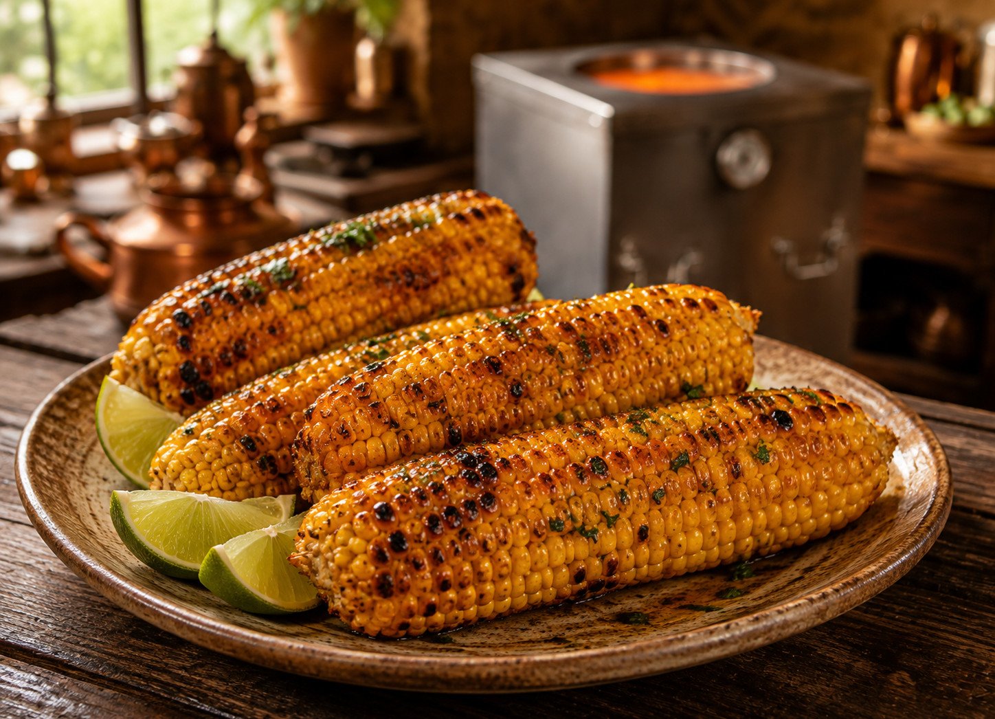 Tandoori corn on the cob recipe Step 7: finished corn on the cob plated with lime wedges