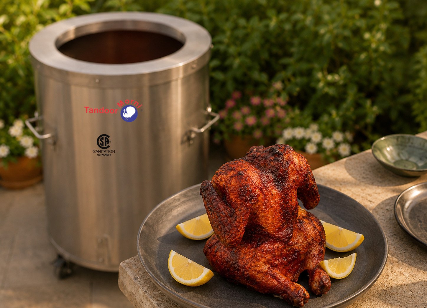 Tandoori cornish hen recipe whole and deeply charred, hanging inside a clay oven