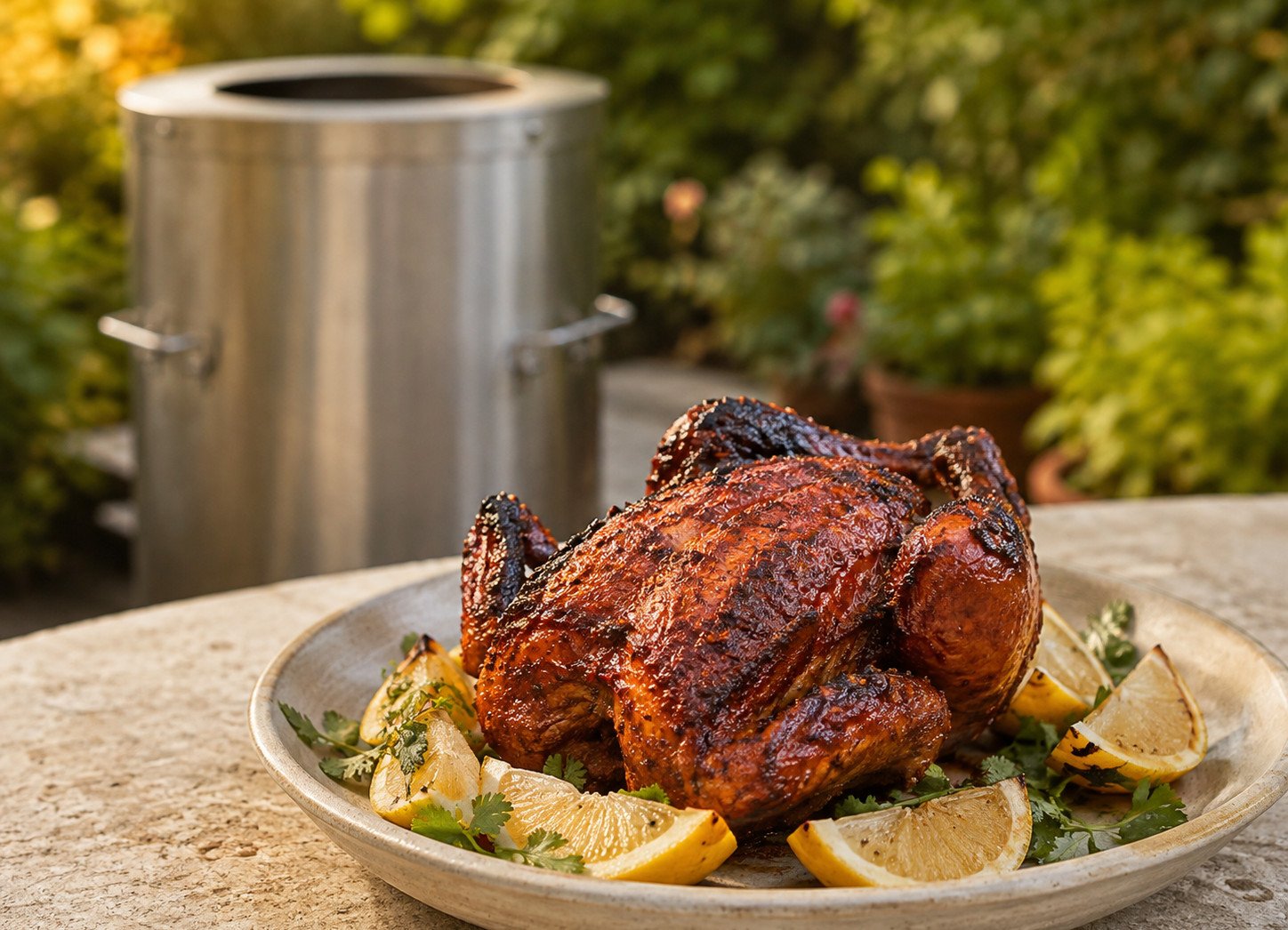 Tandoori cornish hen recipe Step 7: finished whole roasted hen plated with lemon wedges