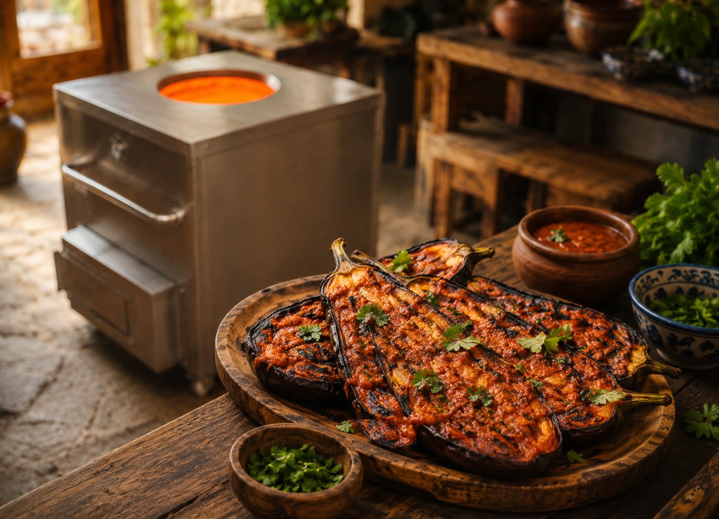 Tandoori eggplant recipe halves charred and smoky, coated in spiced yogurt marinade