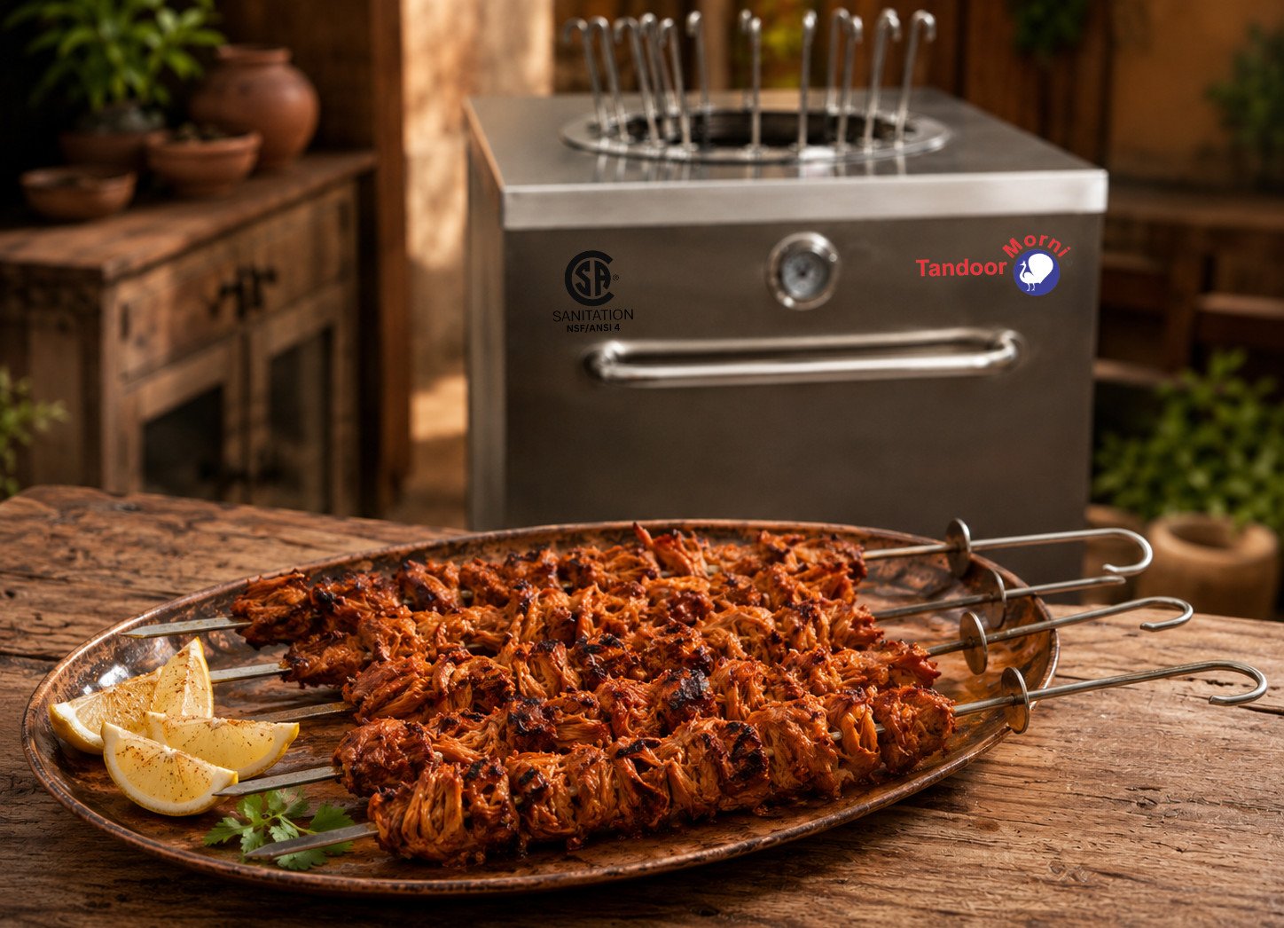 Tandoori jackfruit recipe skewers charred and shredded, plated with lemon wedges