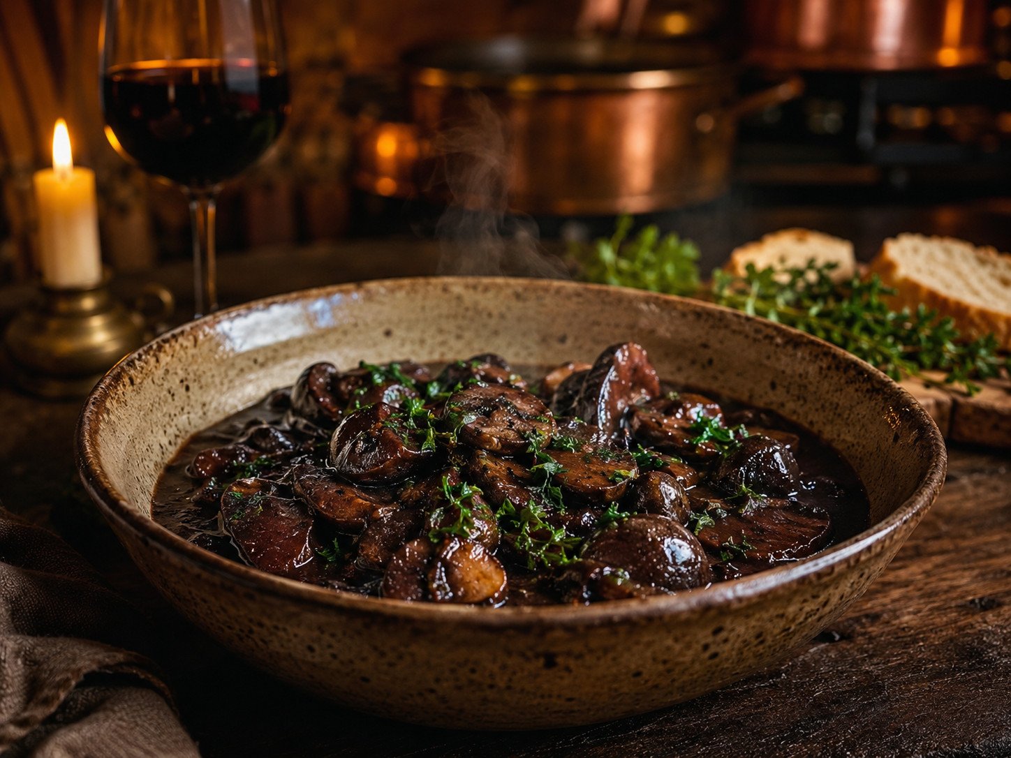 Tandoori mushroom bourguignon in a deep red wine sauce with pearl onions and mushrooms