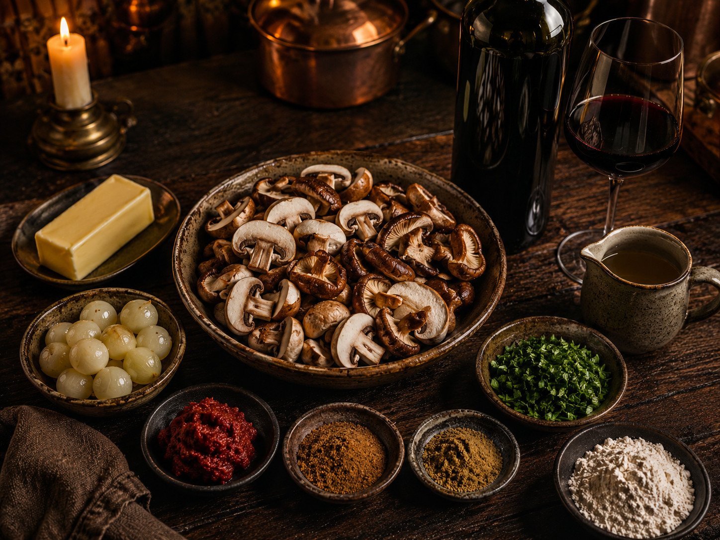 Tandoori mushroom bourguignon ingredients flat lay: mixed mushrooms, pearl onions, red wine, and garam masala