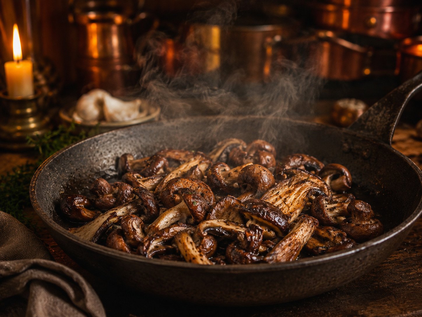 Tandoori mushroom bourguignon recipe Step 1: mushrooms searing hard in butter in a pan