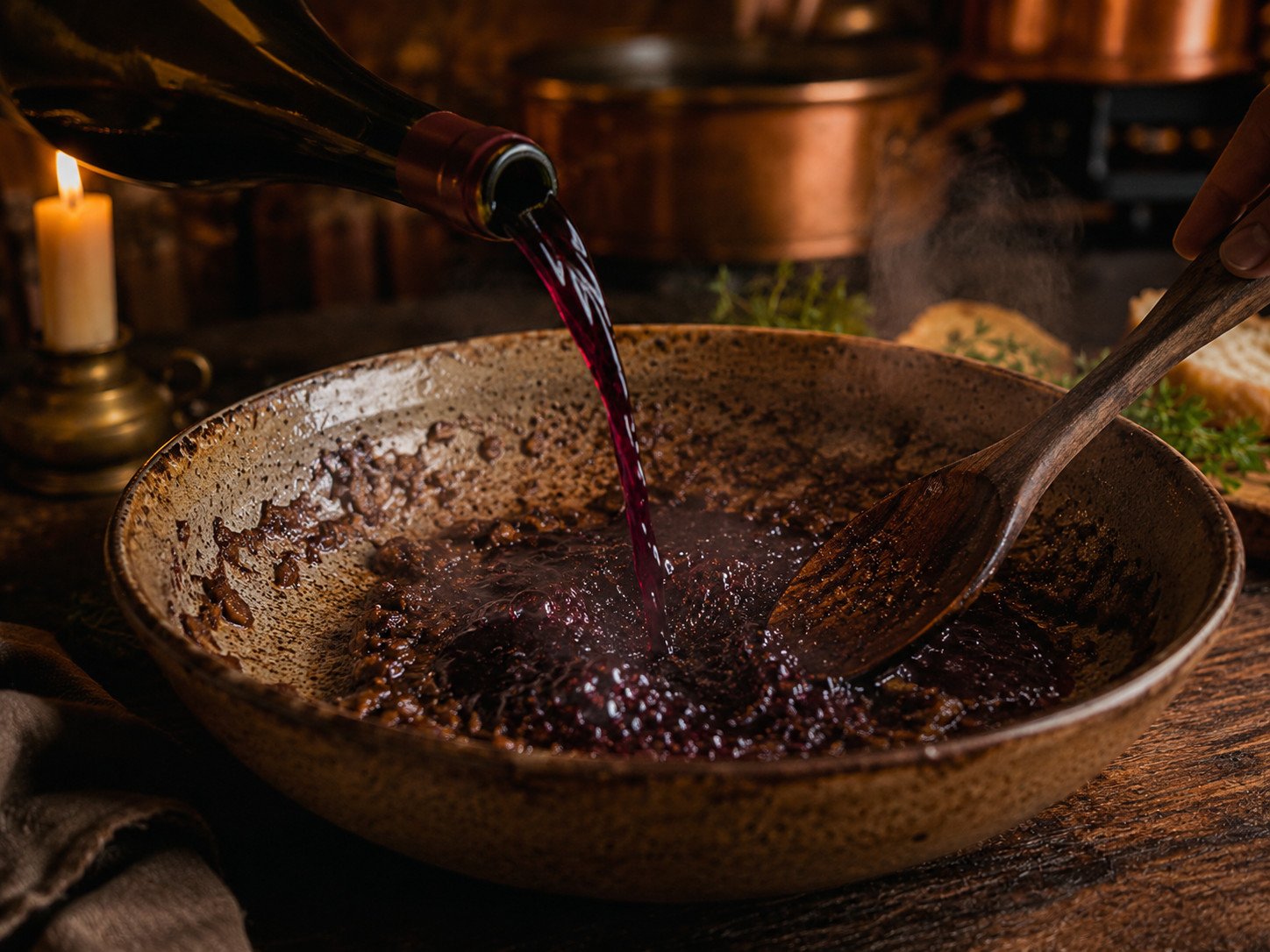 Step 4: red wine being poured into the pan to deglaze