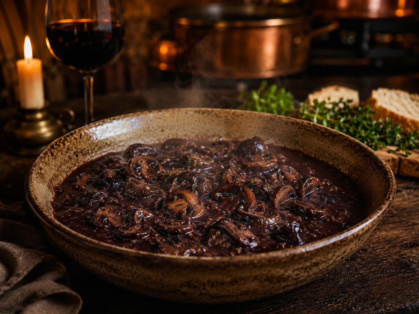 Step 5: mushrooms simmering in a deep red wine sauce