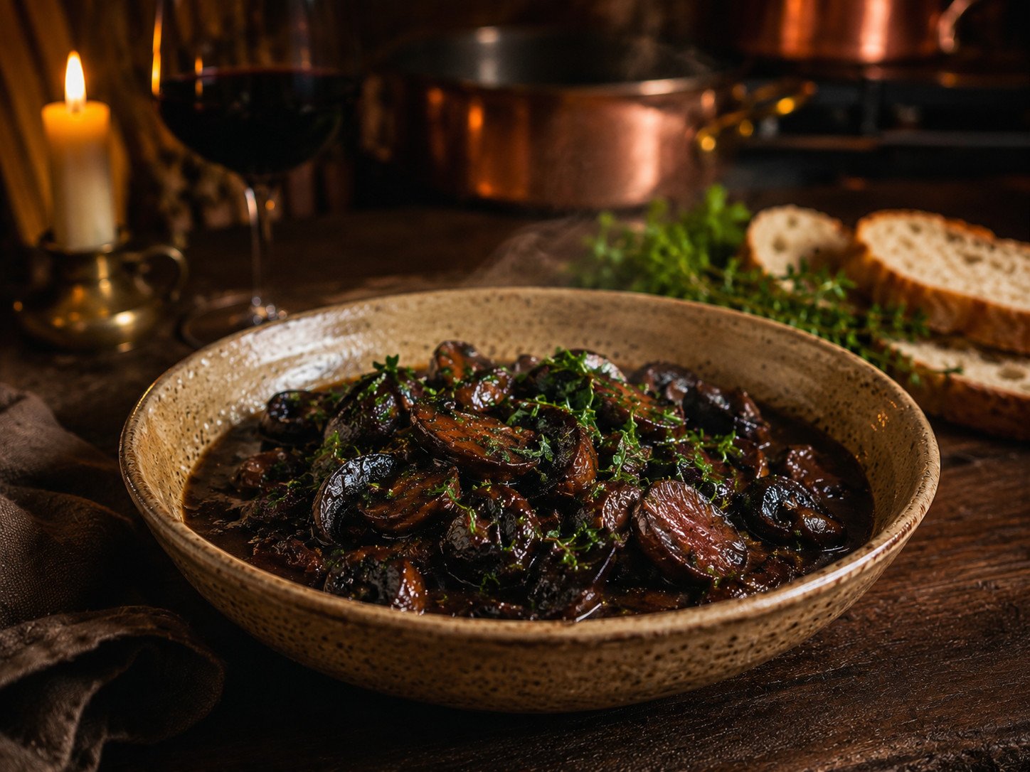 Tandoori mushroom bourguignon recipe Step 6: finished dish plated and garnished with parsley