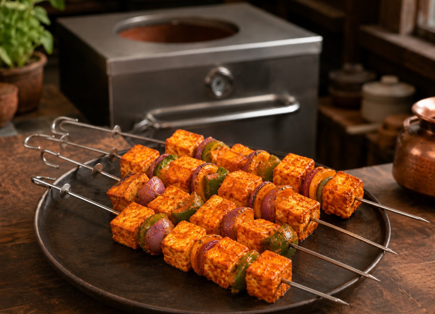 Tandoori paneer tikka recipe charred paneer skewers plated with mint chutney
