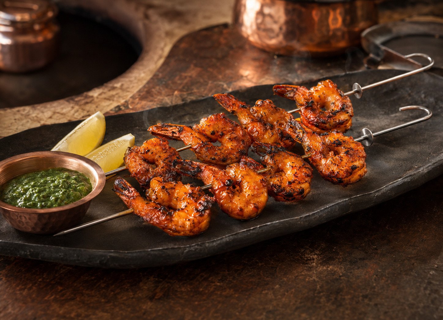 Tandoori prawns recipe charred and skewered, plated with lemon