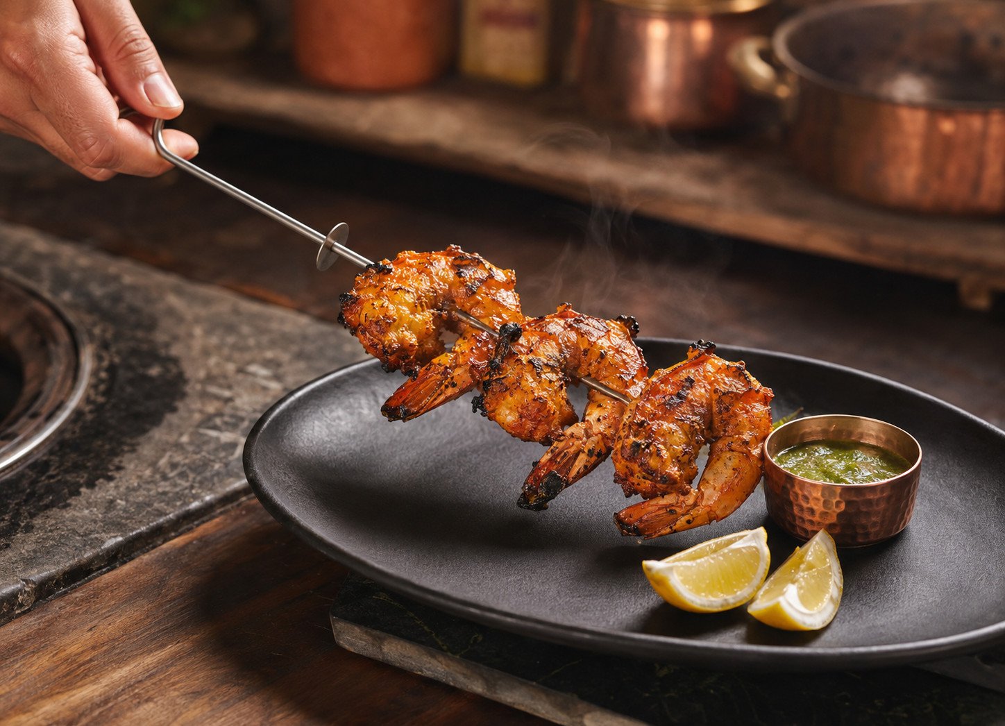 Tandoori prawns recipe Step 7: finished prawn skewers plated with lemon wedges and mint chutney