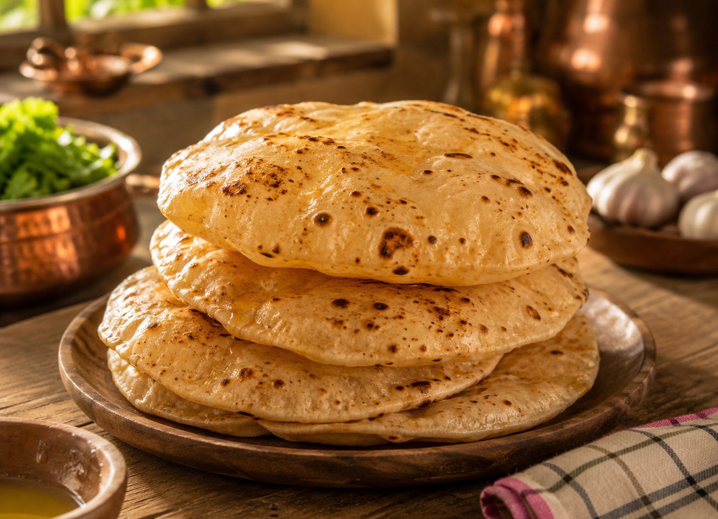Tandoori roti recipe puffed and lightly charred, stacked on a plate