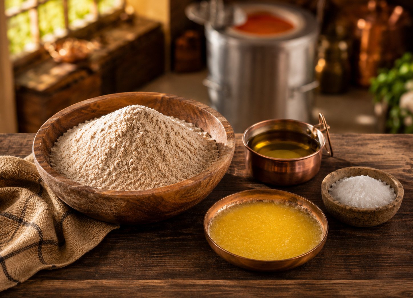 Tandoori roti recipe ingredients flat lay: whole wheat flour, oil, salt, and melted ghee