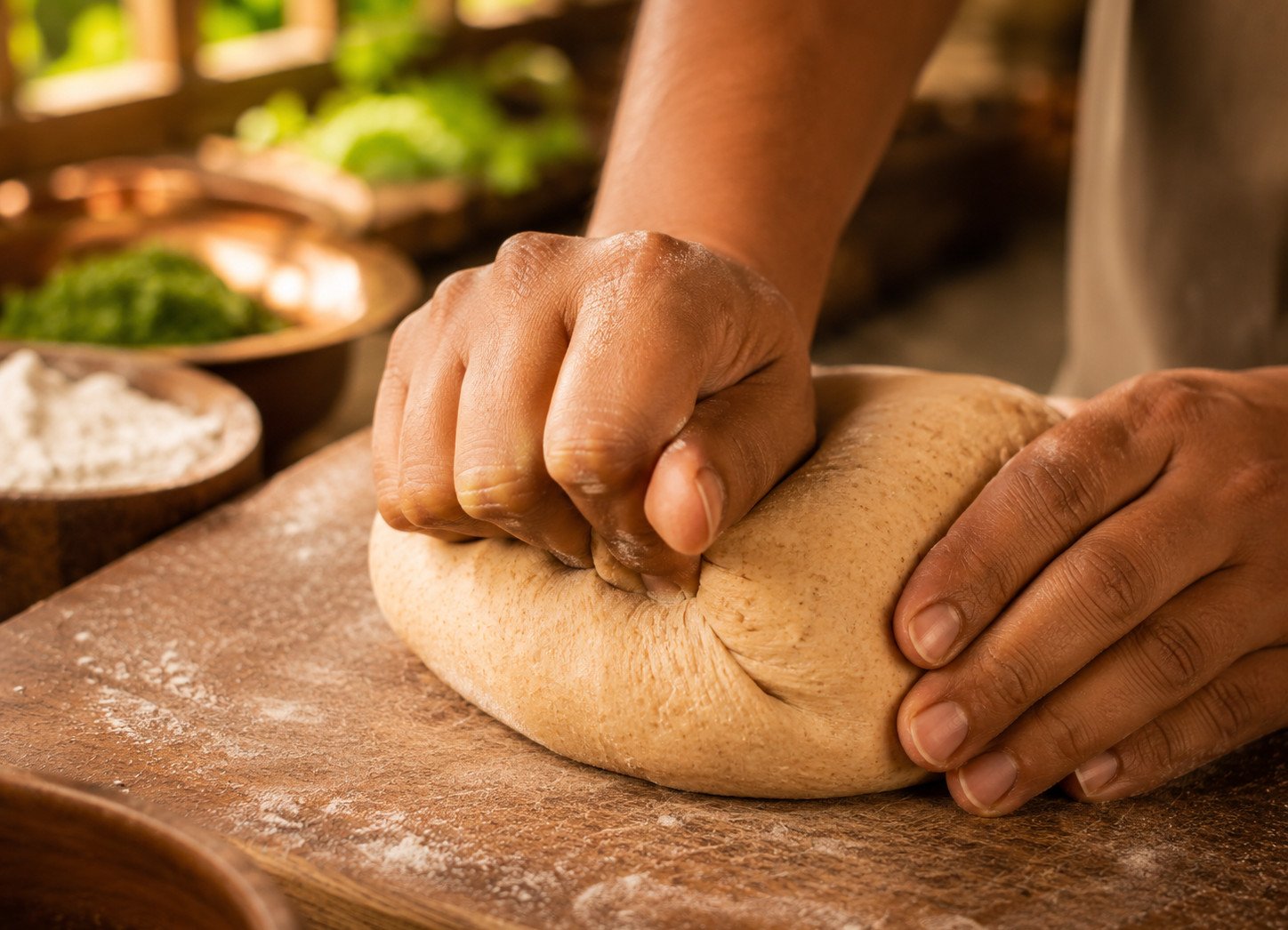 Tandoori roti recipe Step 1: hands kneading soft whole wheat dough on a floured surface