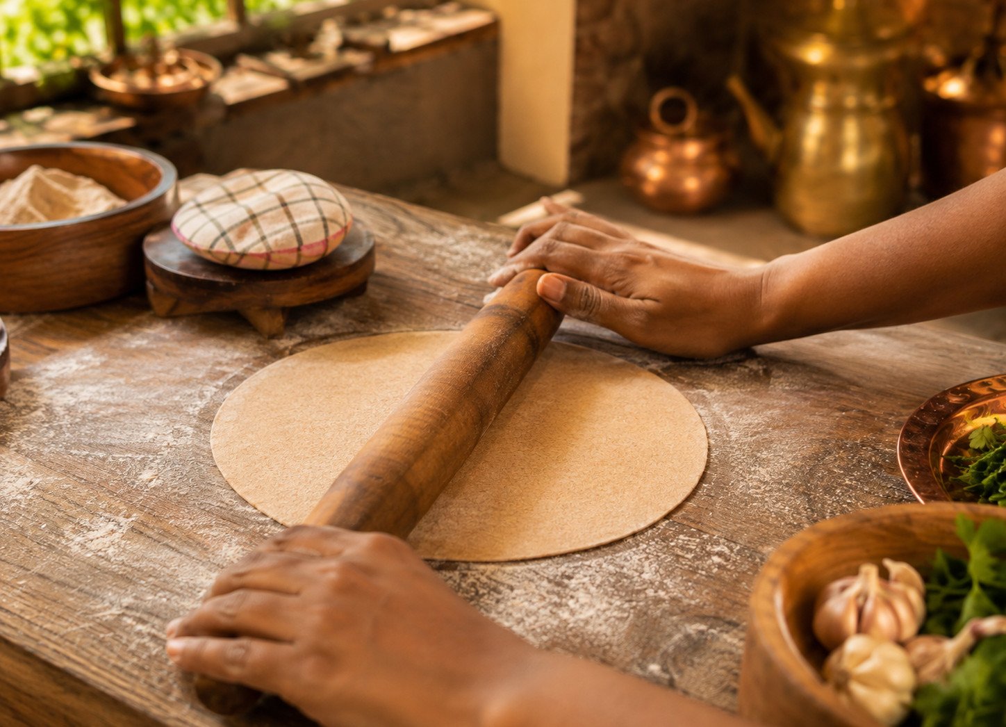 Tandoori roti recipe Step 3: rolling pin flattening whole wheat dough into a thin circle