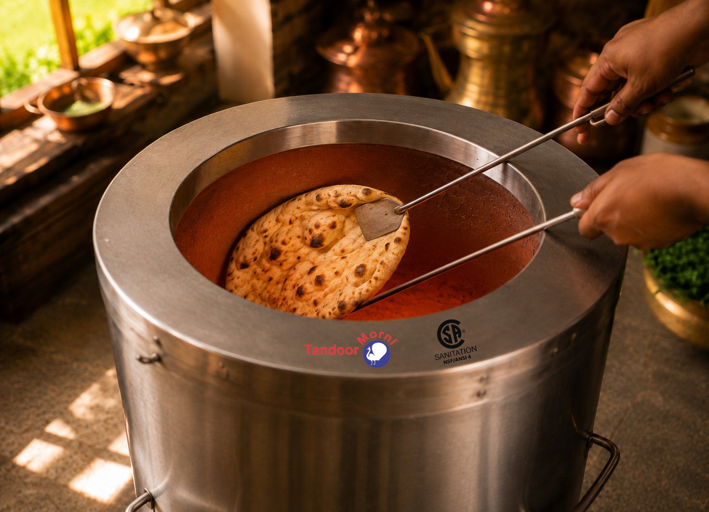 Tandoori roti recipe Step 6: fully puffed roti on the tandoor wall, being lifted off with metal rods