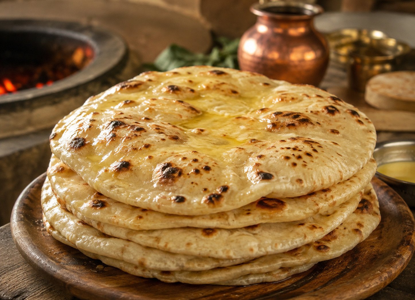 Tandoori roti recipe Step 7: finished puffed roti stacked and brushed with ghee