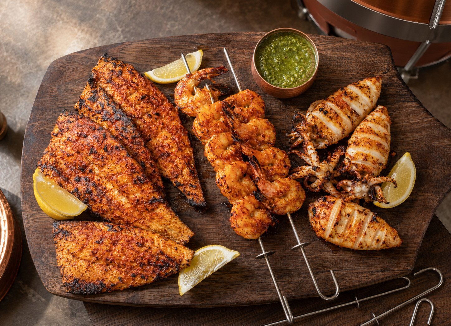 Tandoori seafood recipe ideas spread of fish, prawns, and shellfish