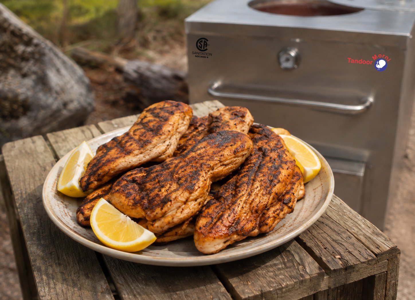 Thin sliced tandoori chicken recipe Step 7: finished chicken cutlets plated with lemon wedges
