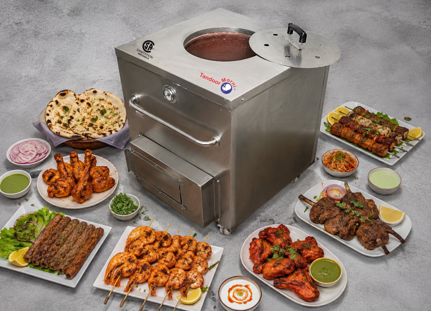 Top tandoori recipes spread of chicken, kebabs, naan, and seafood on a wooden board