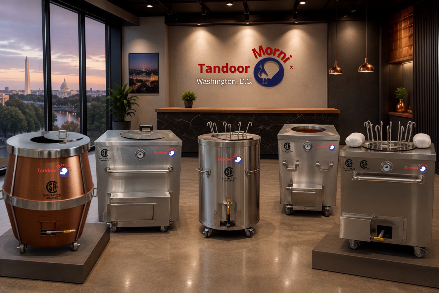 Buy Tandoor Oven Washington DC — Tandoor Morni showroom overlooking the Washington Monument and Capitol, featuring copper and stainless steel commercial tandoor ovens