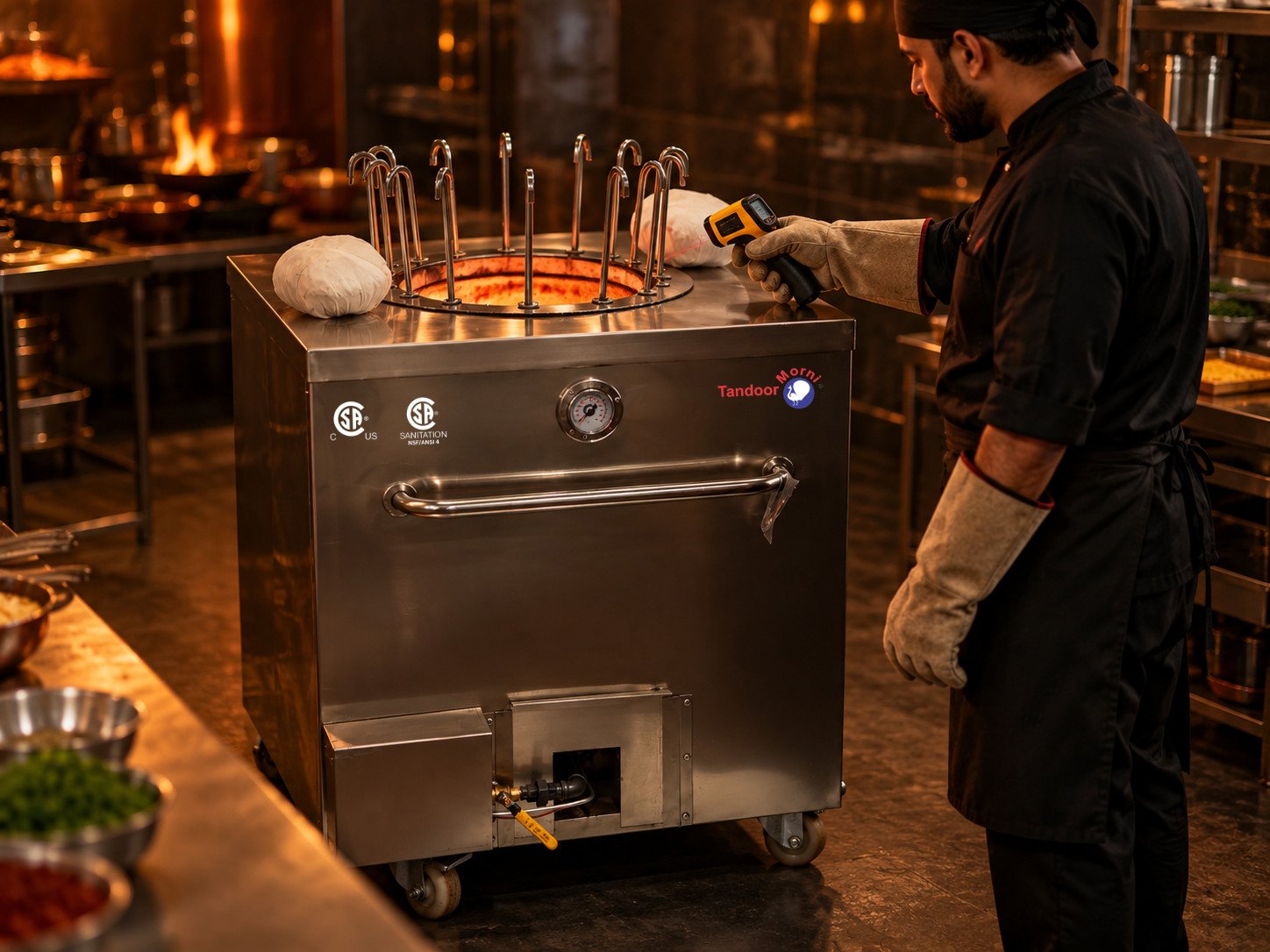Tandoor safety: chef in heat-resistant gloves checking the temperature of a stainless steel tandoor oven with an infrared thermometer gun