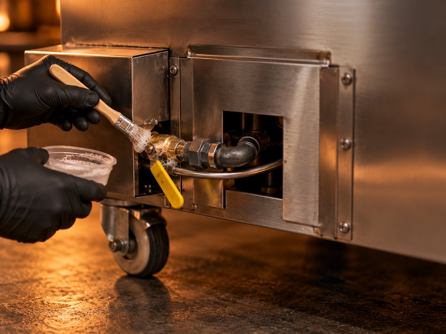 Tandoor safety leak test: gloved hands brushing leak test solution onto the gas valve of a commercial tandoor oven