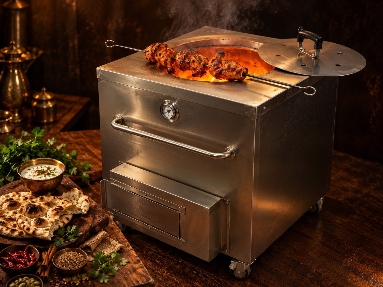 What is tandoori cooking — a traditional Punjabi clay tandoor oven with glowing charcoal embers, freshly cooked tandoori chicken on a steel skewer, torn naan bread and spices on a dark wooden surface showing the health benefits and cultural significance of authentic tandoori cuisine